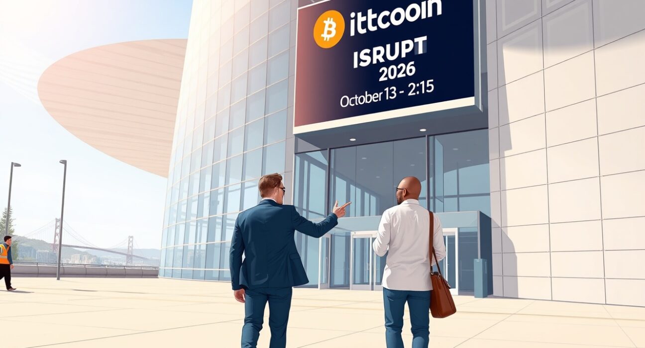 Two attendees walking toward Bitcoin World Disrupt 2026 conference in San Francisco, highlighting the BOGO offer.
