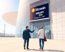 Two attendees walking toward Bitcoin World Disrupt 2026 conference in San Francisco, highlighting the BOGO offer.