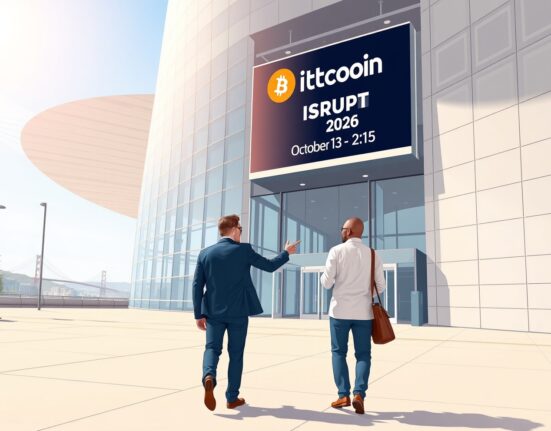 Two attendees walking toward Bitcoin World Disrupt 2026 conference in San Francisco, highlighting the BOGO offer.