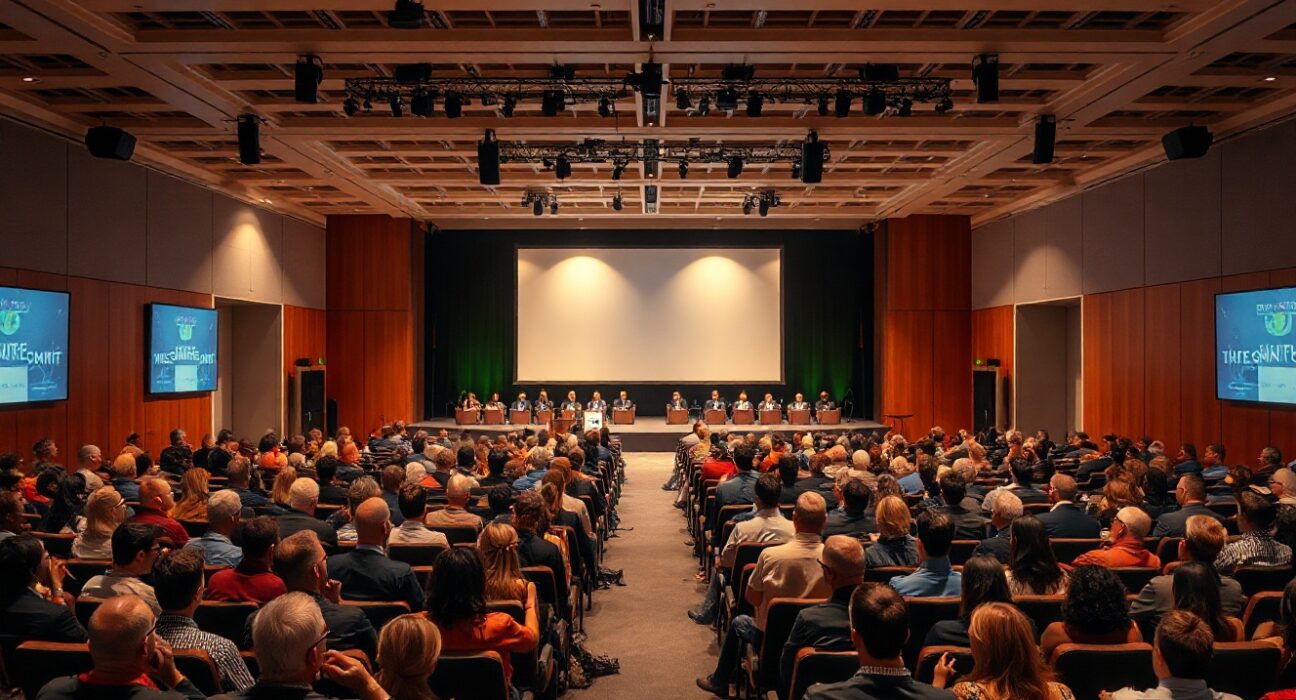 Interior of a modern conference hall with stage and attendees at a startup summit