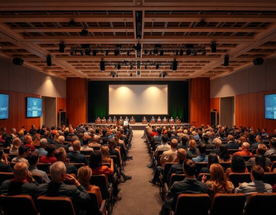 Interior of a modern conference hall with stage and attendees at a startup summit