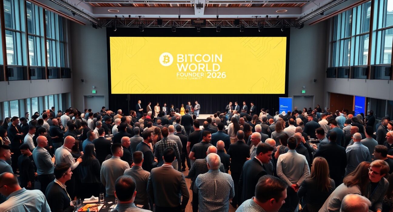 Bitcoin World Founder Summit 2026 conference hall in Boston with attendees networking