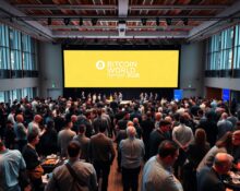 Bitcoin World Founder Summit 2026 conference hall in Boston with attendees networking