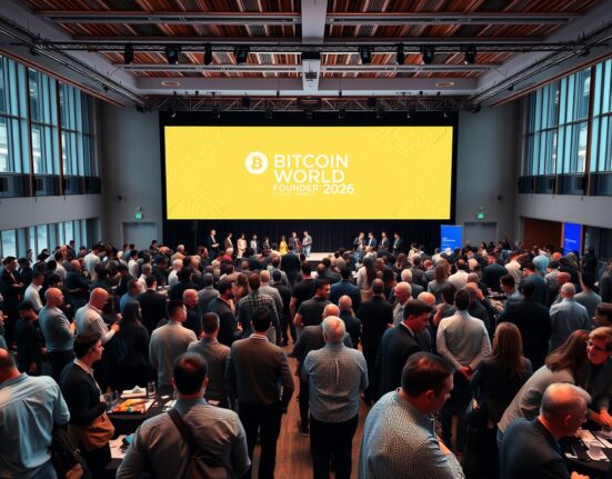 Bitcoin World Founder Summit 2026 conference hall in Boston with attendees networking