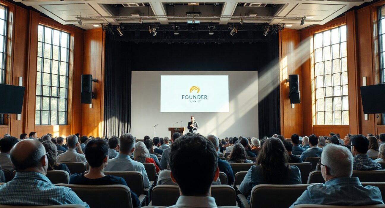 Conference hall with stage and audience at Bitcoin World Founder Summit in Boston