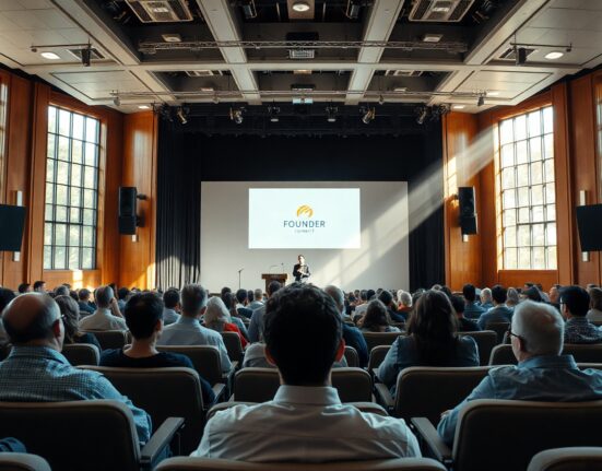 Conference hall with stage and audience at Bitcoin World Founder Summit in Boston