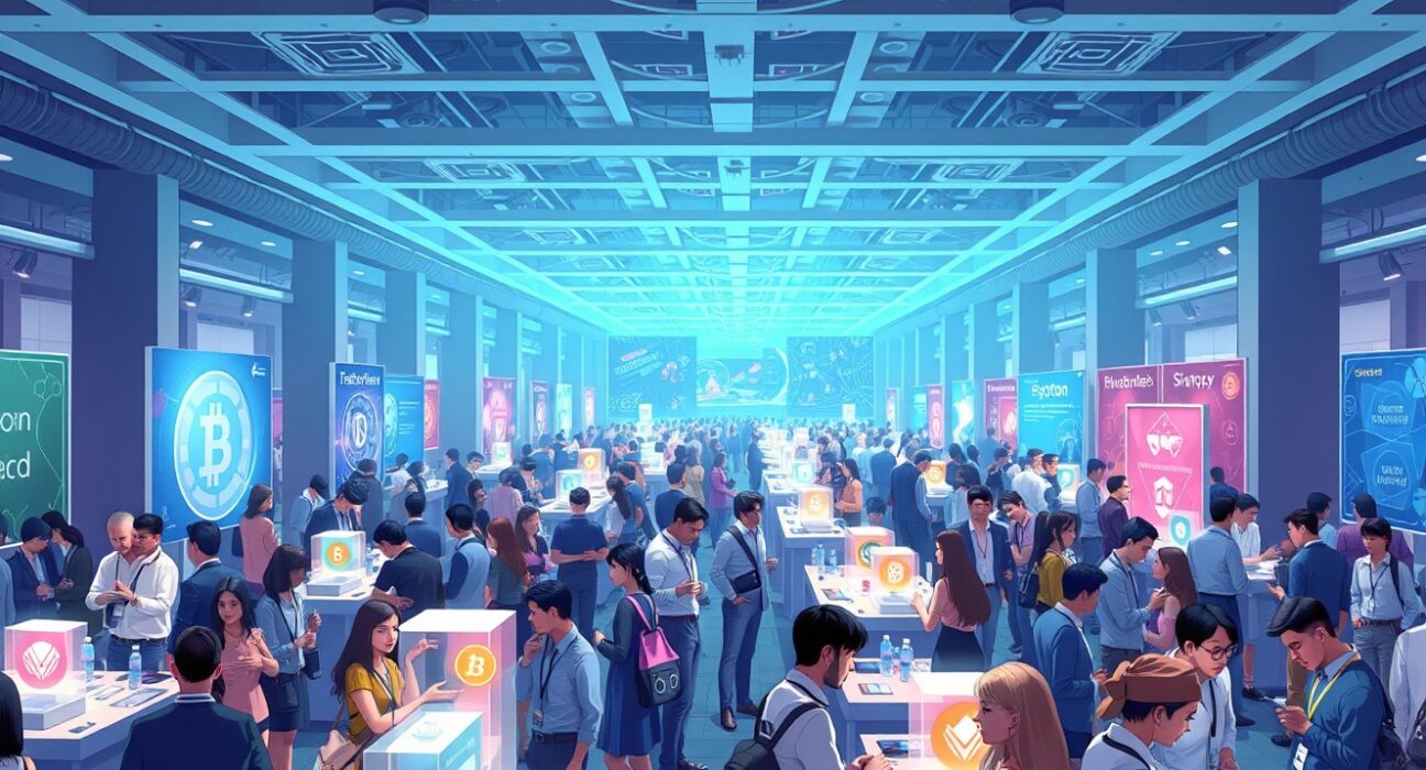 Entrepreneurs networking at Bitcoin World Founder Summit exhibition tables in Boston for startup growth