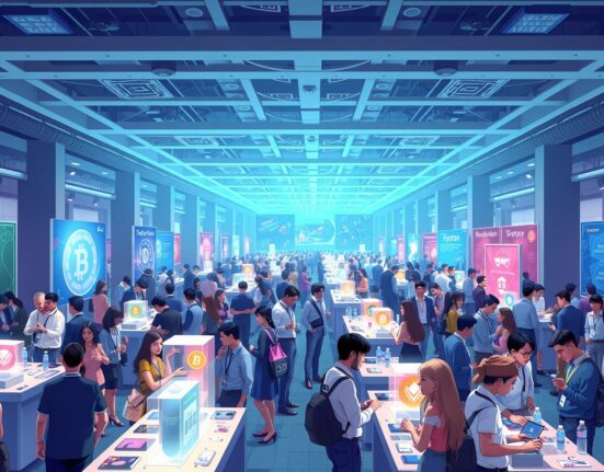 Entrepreneurs networking at Bitcoin World Founder Summit exhibition tables in Boston for startup growth