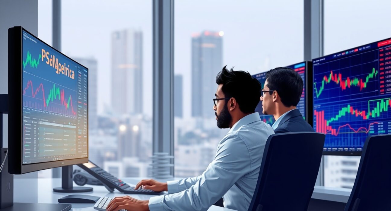 Professional analysts monitoring cryptocurrency market data and Bitcoin world price charts on trading desk monitors.