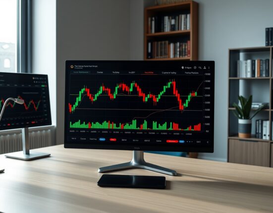 Professional analysts monitoring cryptocurrency market data and Bitcoin world price charts on trading desk monitors.