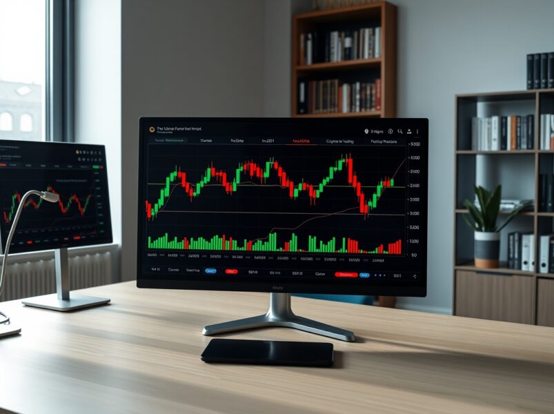 Professional analysts monitoring cryptocurrency market data and Bitcoin world price charts on trading desk monitors.