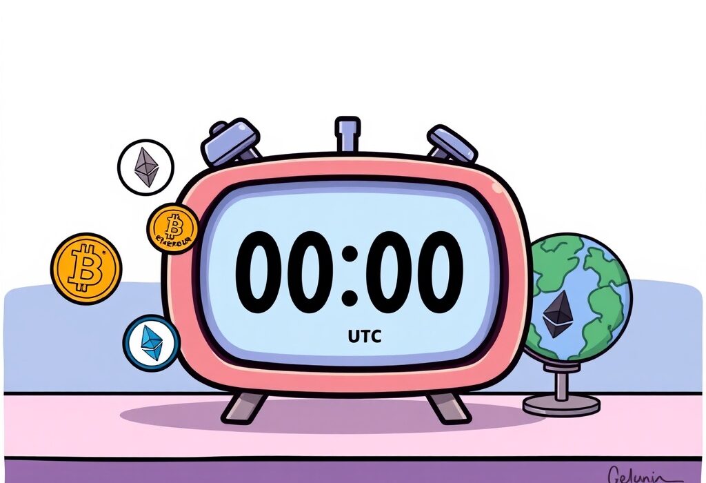 A cartoon illustration showing the global reach of Bitcoin World live feed, providing continuous cryptocurrency information and market insights.