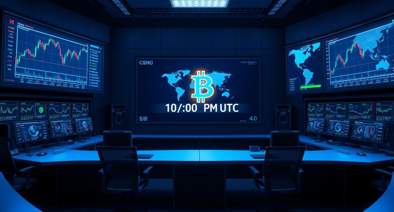 Bitcoin World Live Feed operating hours display showing real-time cryptocurrency market updates on multiple screens in a news control room