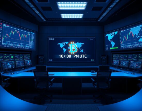 Bitcoin World Live Feed operating hours display showing real-time cryptocurrency market updates on multiple screens in a news control room