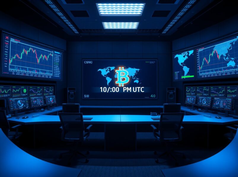 Bitcoin World Live Feed operating hours display showing real-time cryptocurrency market updates on multiple screens in a news control room