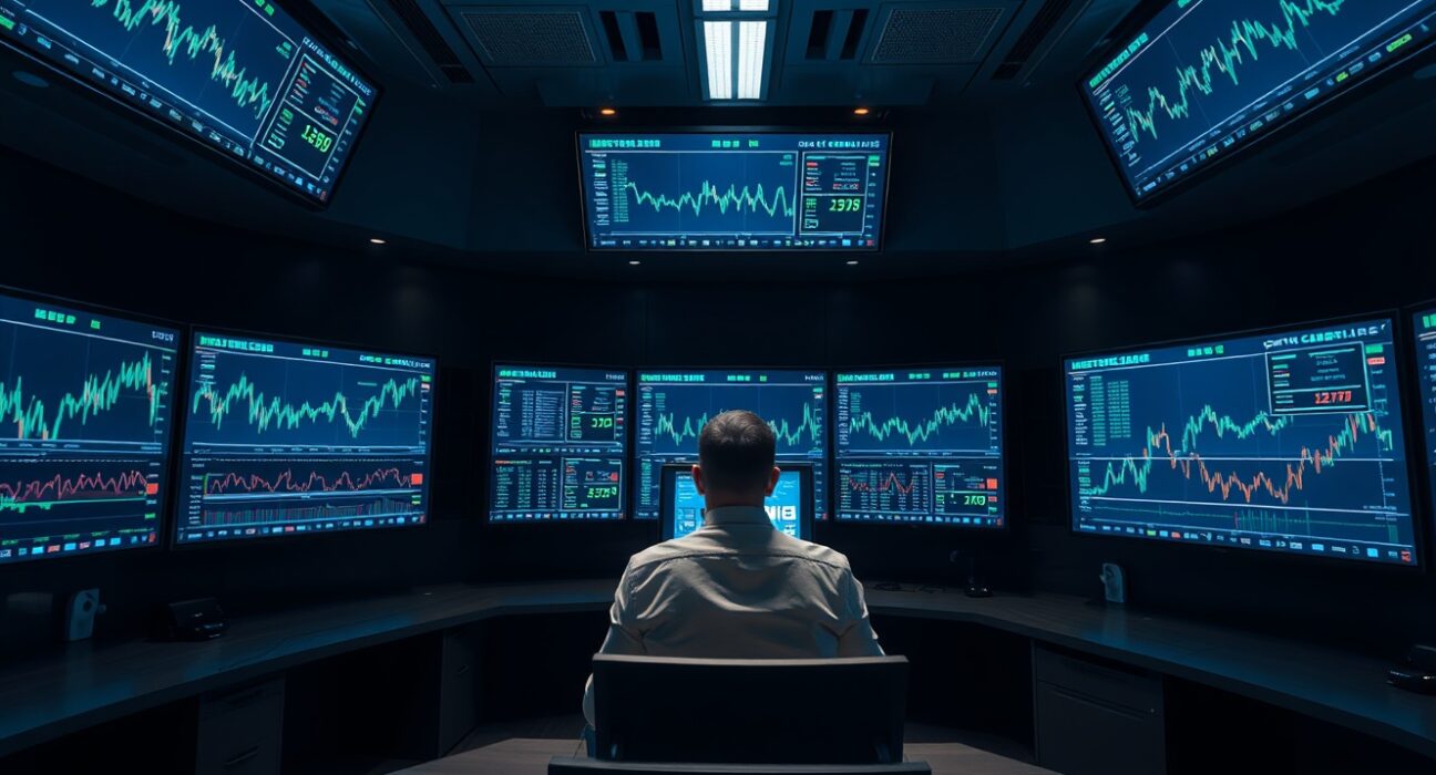Newsroom control center with cryptocurrency charts on monitors at night