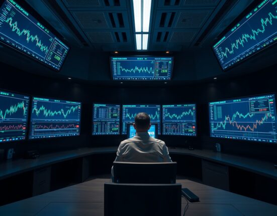 Newsroom control center with cryptocurrency charts on monitors at night