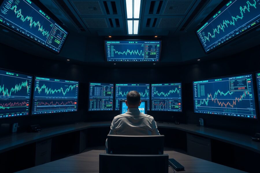 Newsroom control center with cryptocurrency charts on monitors at night