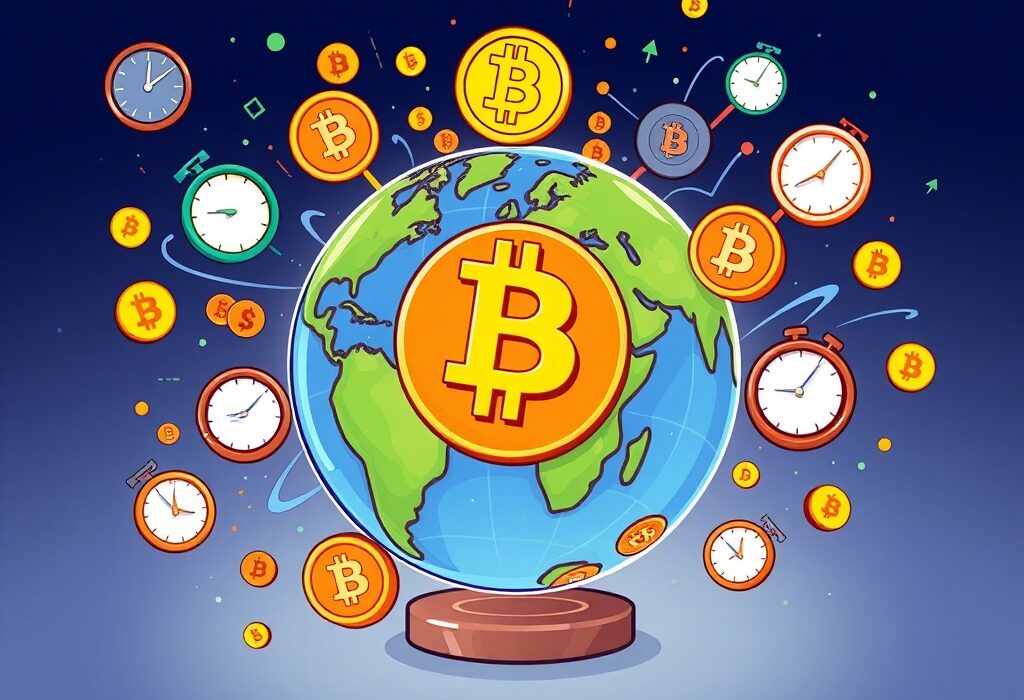 A cartoon illustration showing the Bitcoin World Live Feed providing real-time crypto updates and blockchain information globally.