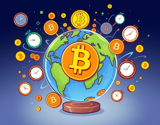 A cartoon illustration showing the Bitcoin World Live Feed providing real-time crypto updates and blockchain information globally.