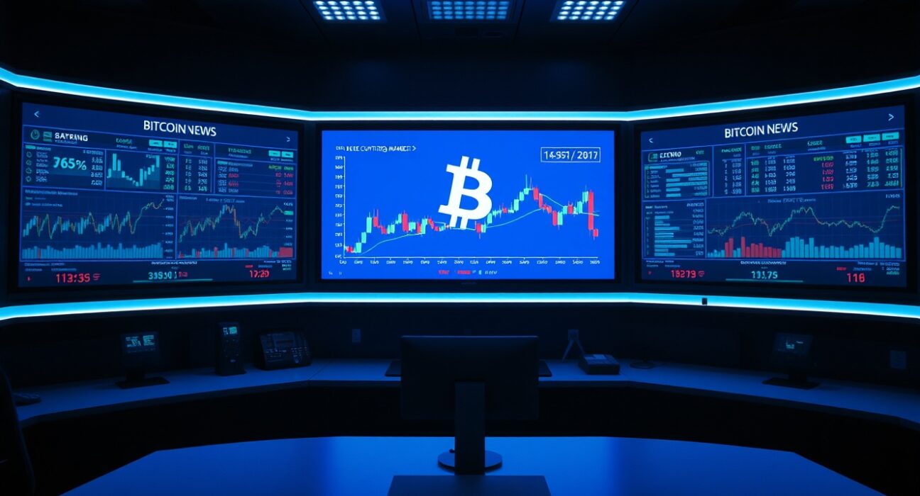 Bitcoin World Live newsroom with real-time crypto market data screens