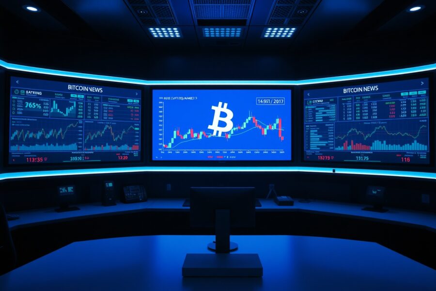 Bitcoin World Live newsroom with real-time crypto market data screens