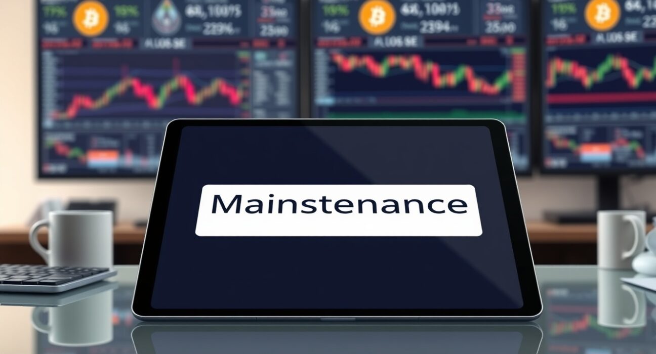 Bitcoin World app displaying maintenance notification for Overseas Economic News tab during system update