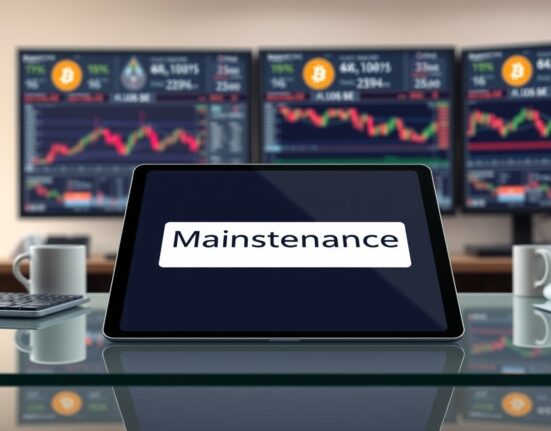 Bitcoin World app displaying maintenance notification for Overseas Economic News tab during system update