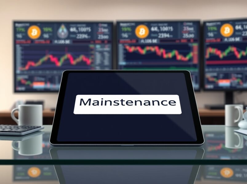 Bitcoin World app displaying maintenance notification for Overseas Economic News tab during system update