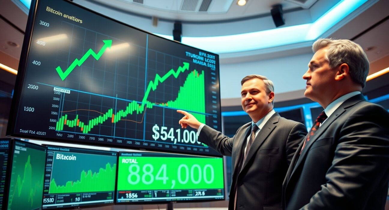 Financial analyst pointing at Bitcoin price chart with bullish indicators on a trading floor display