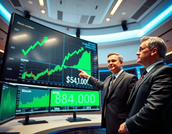 Financial analyst pointing at Bitcoin price chart with bullish indicators on a trading floor display