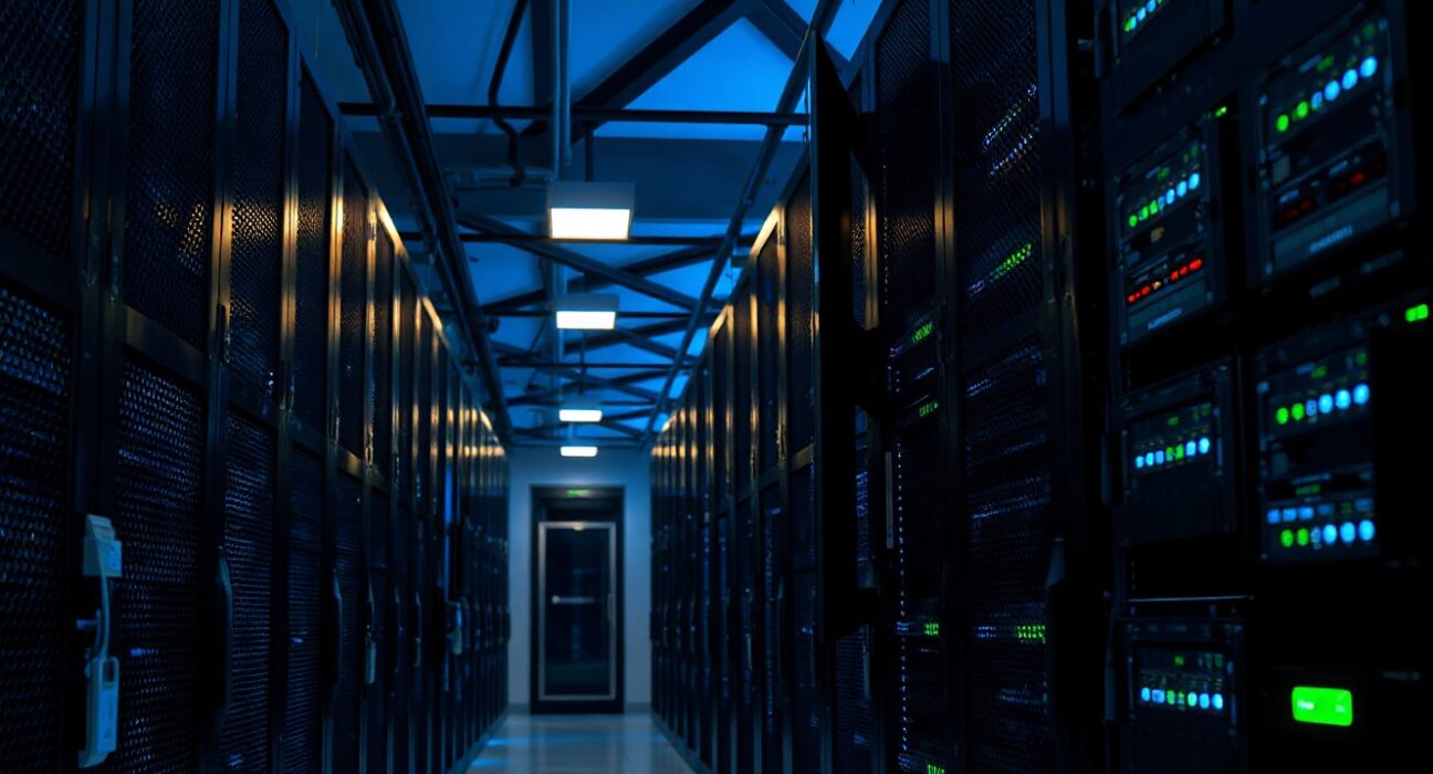 Data center server rack with blinking LEDs during scheduled maintenance