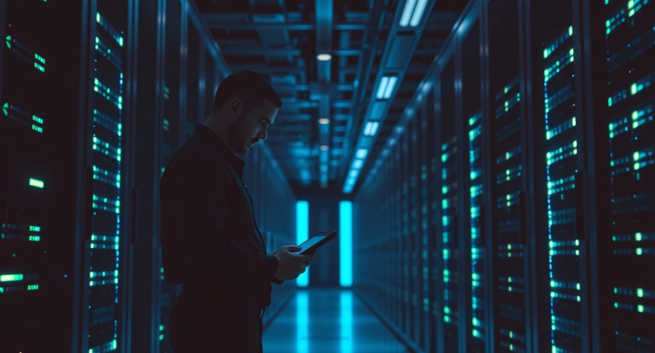 Data center server room with technician performing maintenance