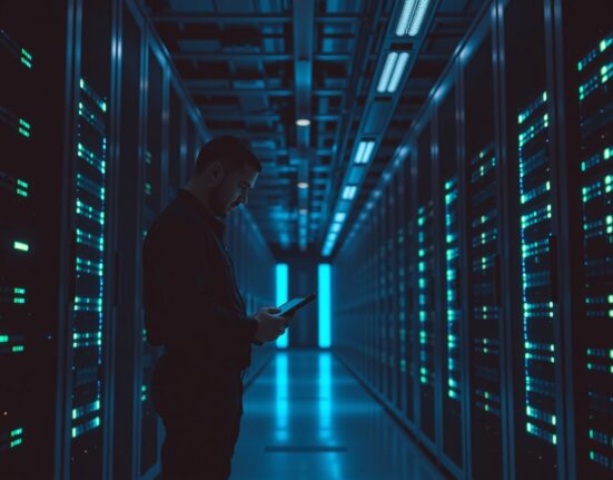 Data center server room with technician performing maintenance