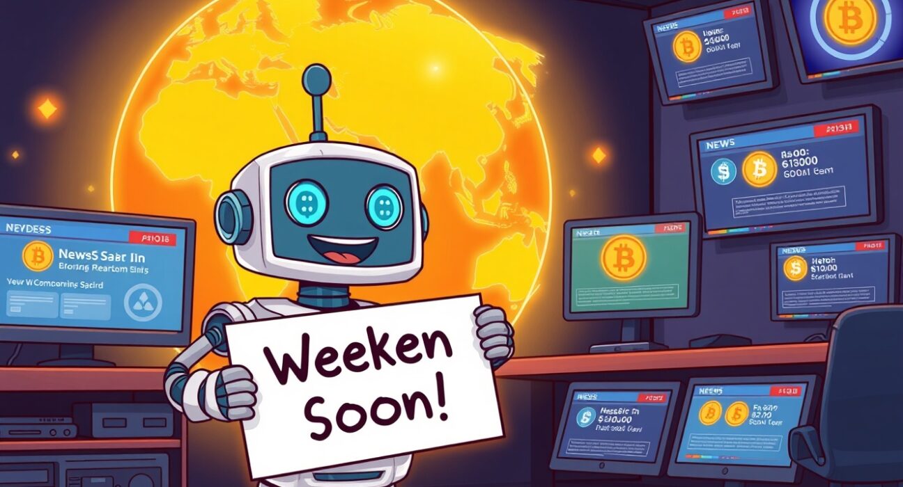 Bitcoin World weekend service announcement illustrated by a friendly news robot on a short break.