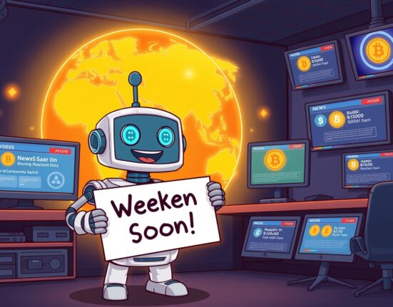 Bitcoin World weekend service announcement illustrated by a friendly news robot on a short break.