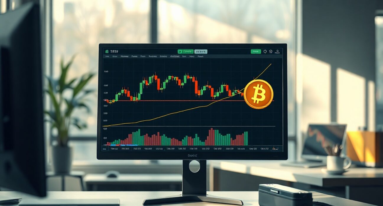 Cryptocurrency trading chart on a monitor with Bitcoin symbol, representing market analysis