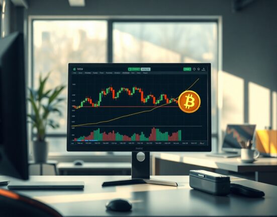 Cryptocurrency trading chart on a monitor with Bitcoin symbol, representing market analysis