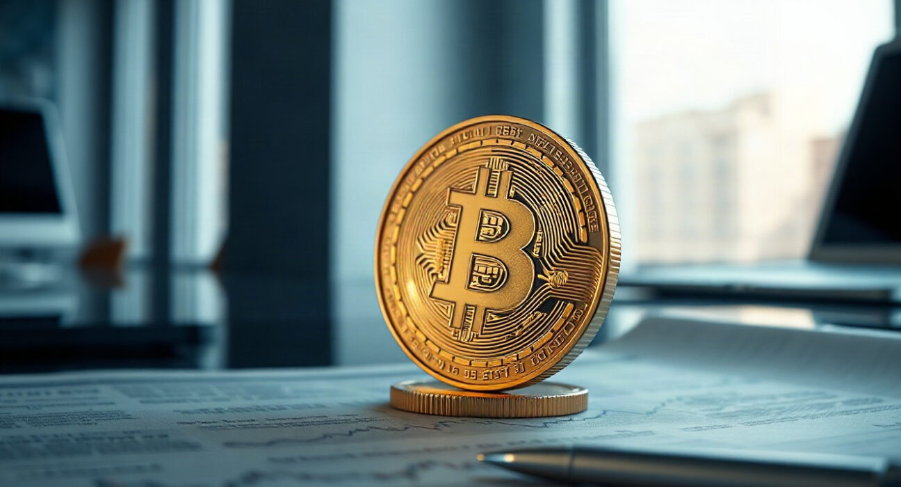 Bitcoin coin on financial charts with upward trend line in a professional setting