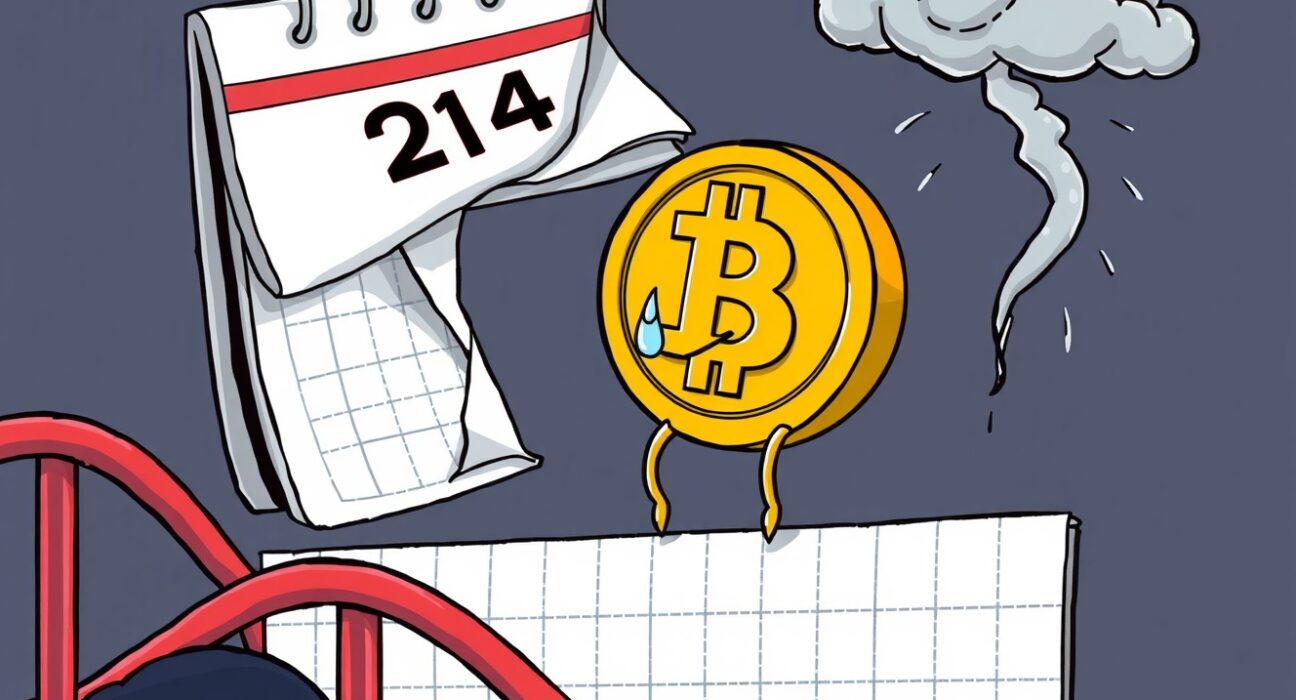 A cartoon Bitcoin coin looking sad next to a steeply falling graph, illustrating the major Bitcoin quarterly loss.
