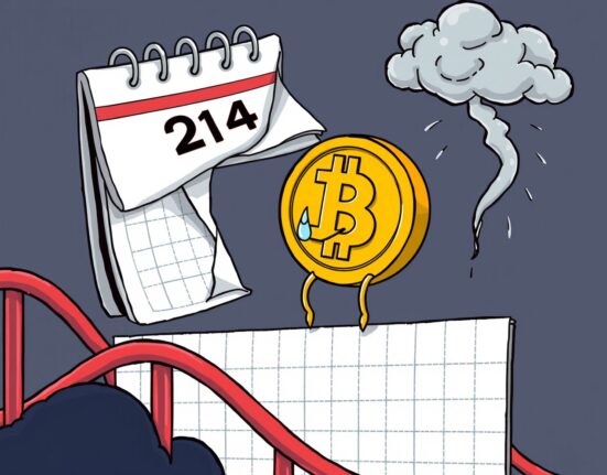 A cartoon Bitcoin coin looking sad next to a steeply falling graph, illustrating the major Bitcoin quarterly loss.