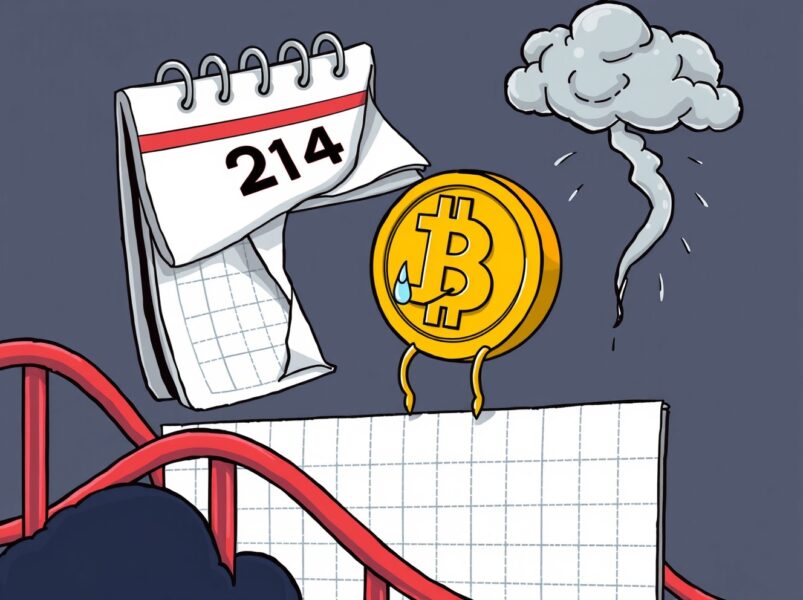 A cartoon Bitcoin coin looking sad next to a steeply falling graph, illustrating the major Bitcoin quarterly loss.