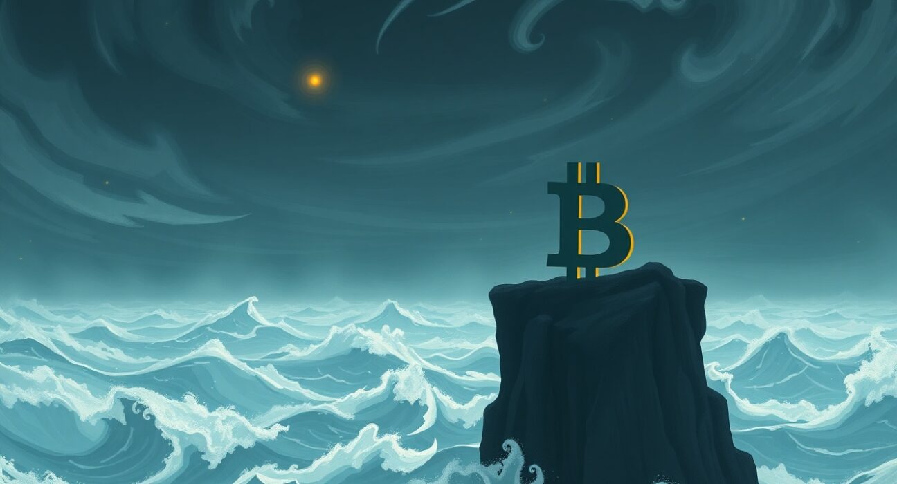Bitcoin symbol overlooking a turbulent digital financial market representing its worst annual start.