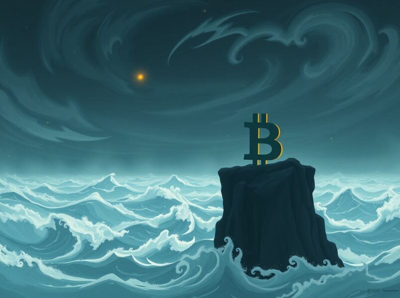 Bitcoin symbol overlooking a turbulent digital financial market representing its worst annual start.