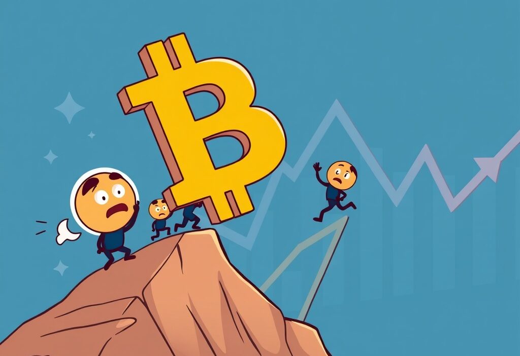 A cartoon illustration showing Bitcoin's potential decline, symbolizing the Wyckoff distribution phase and its impact on Bitcoin price prediction.