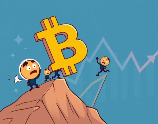 A cartoon illustration showing Bitcoin's potential decline, symbolizing the Wyckoff distribution phase and its impact on Bitcoin price prediction.