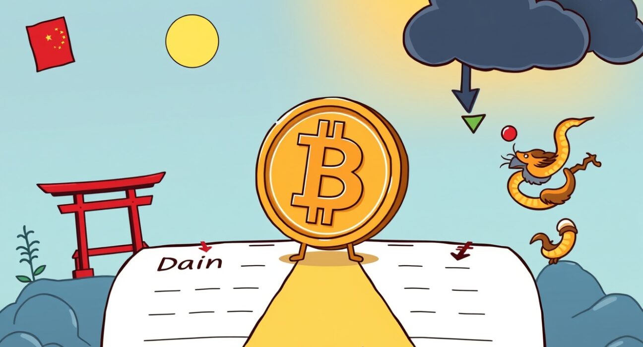 A cartoon Bitcoin at a crossroads, symbolizing the crucial week determining its year-end direction.