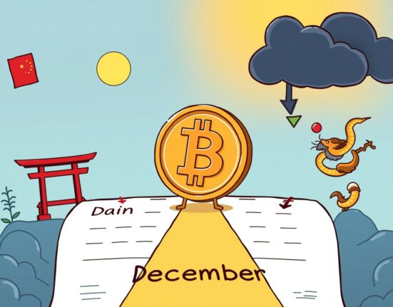 A cartoon Bitcoin at a crossroads, symbolizing the crucial week determining its year-end direction.