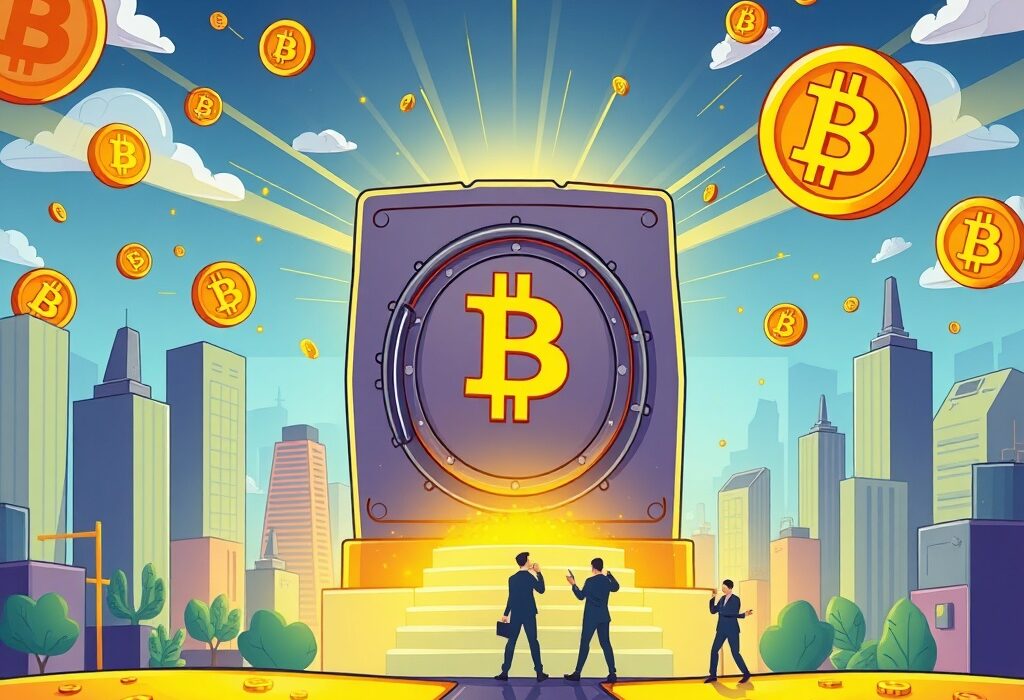 A cartoon illustration symbolizing a secure and growing Bitcoin Yield Fund, offering returns to investors in the crypto space.