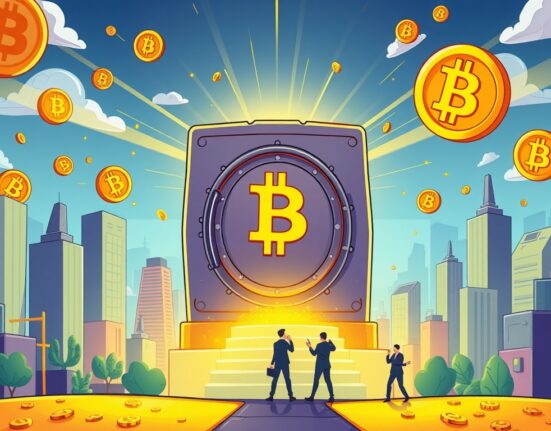 A cartoon illustration symbolizing a secure and growing Bitcoin Yield Fund, offering returns to investors in the crypto space.